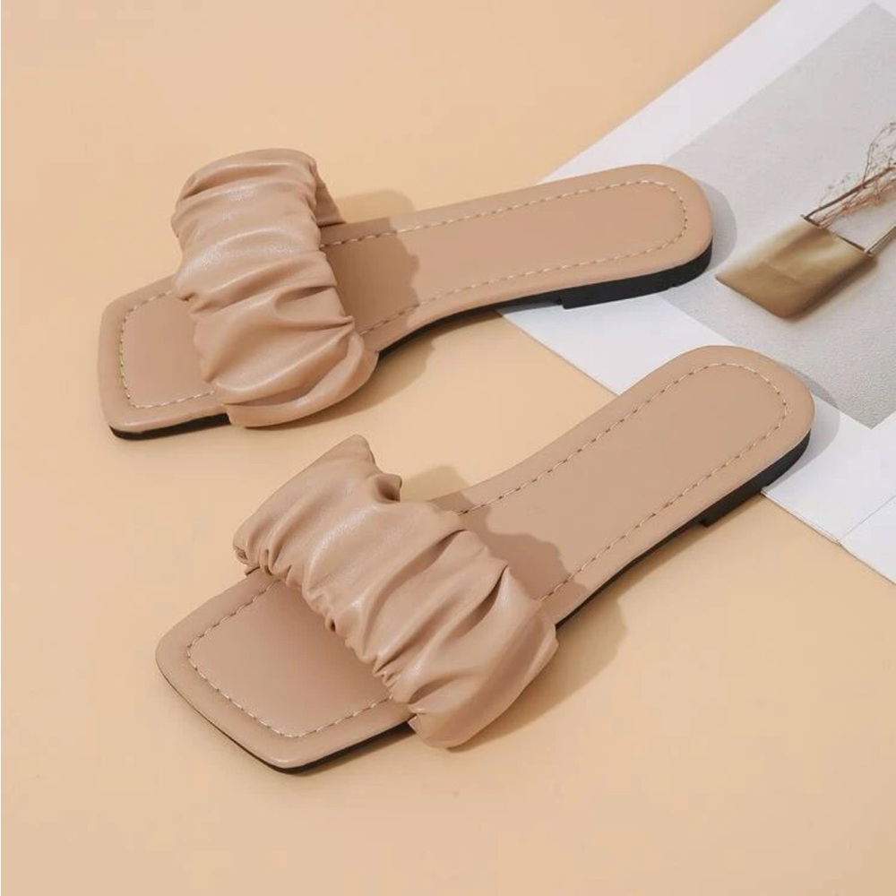 Beige Scrunched Square Toe Tan Sandals